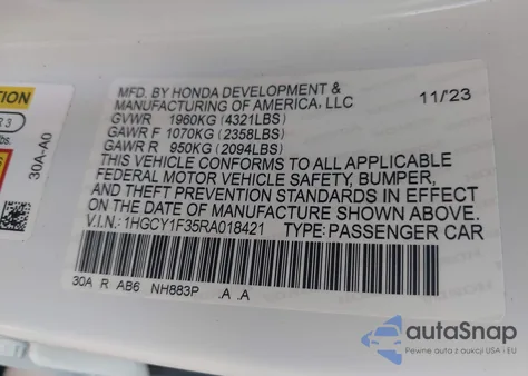 2024 Honda Accord Ex from USA, damaged, VIN 1HGCY1F35RA018421